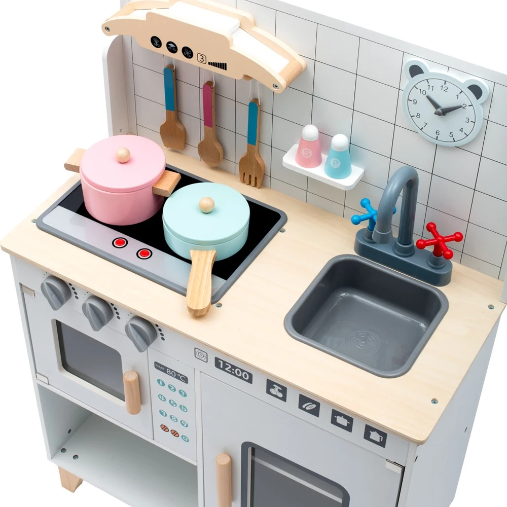 Medinė žaislinė virtuvėlė vaikams su priedais Montessori Baby Mix balta