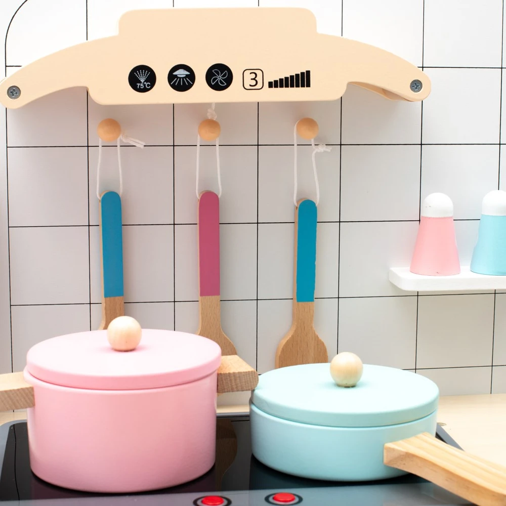 Medinė žaislinė virtuvėlė vaikams su priedais Montessori Baby Mix balta