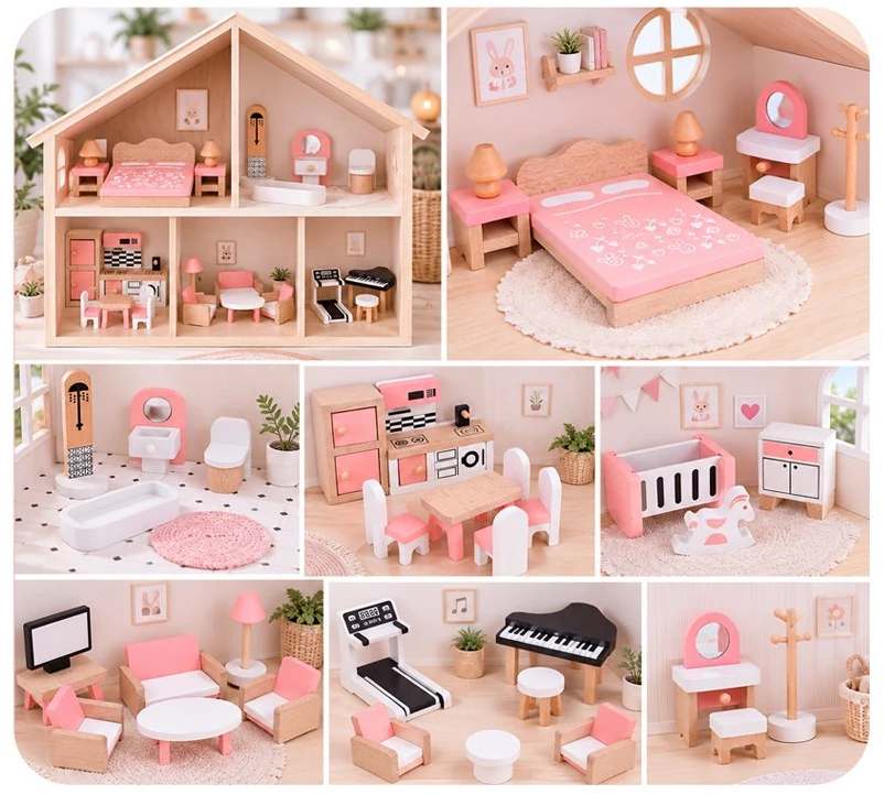 Jokomisiada Wooden Dollhouse Furniture, 34-Piece Home Furnishing Set ZA6358