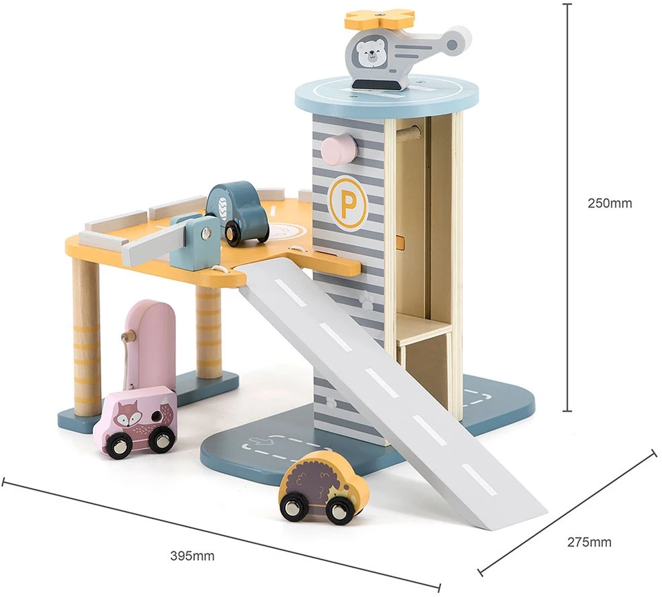 Viga Toys Medinė Garažas su Helikopteriu ir Automobiliais