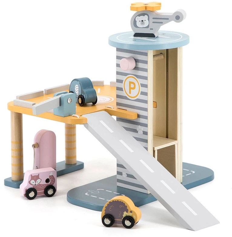 Viga Toys Medinė Garažas su Helikopteriu ir Automobiliais