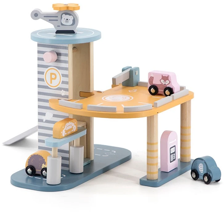 Viga Toys Medinė Garažas su Helikopteriu ir Automobiliais