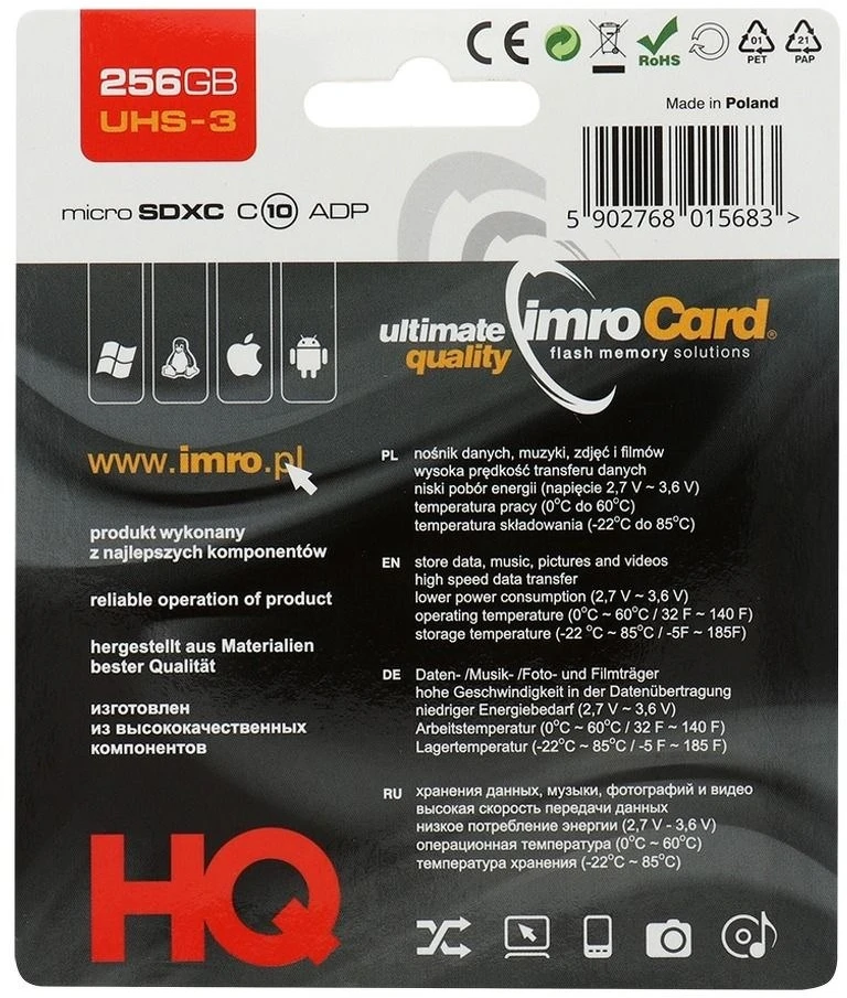 IMRO atminties kortelė Micro SD 256GB 100MB/s class 10 UHS 3 su adapteriu SD