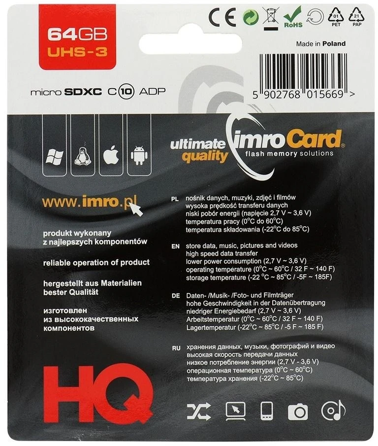 IMRO atminties kortelė Micro SD 64GB 100MB/s class 10 UHS 3 su adapteriu SD