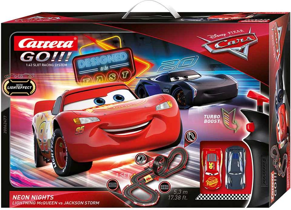 Milly Mally Carrera Go Cars – Neon Nights 5,3 m trasos rinkinys su nuotolinio valdymo automobiliukais