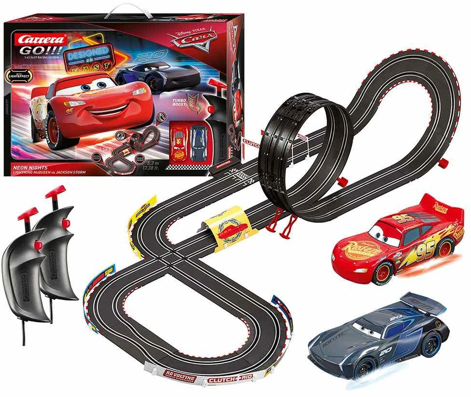 Milly Mally Carrera Go Cars – Neon Nights 5,3 m trasos rinkinys su nuotolinio valdymo automobiliukais