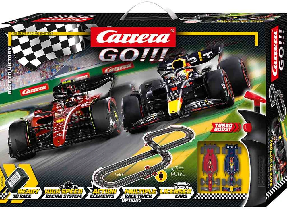 Automobilių Lenktynių Rinkinys - Carrera 1:43 Go Race To Victory (trasos, 2 automobiliai, valdikliai, maitinimo šaltinis)