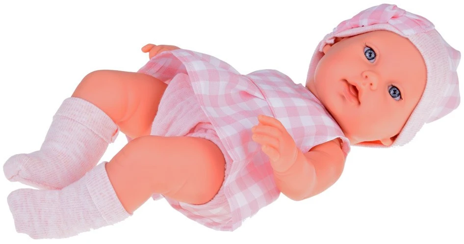Jokomisiada Baby Doll Newborn dėvi rožinės spalvos kepurės suknelę + triušis ZA 5007 RO