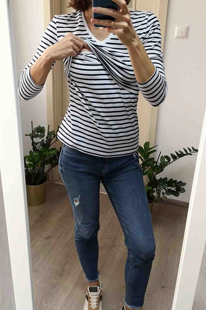 Nėščiųjų ir žindymo marškinėliai Milk Shirt milk & love baltomis ir mėlynomis juostelėmis, dydis S