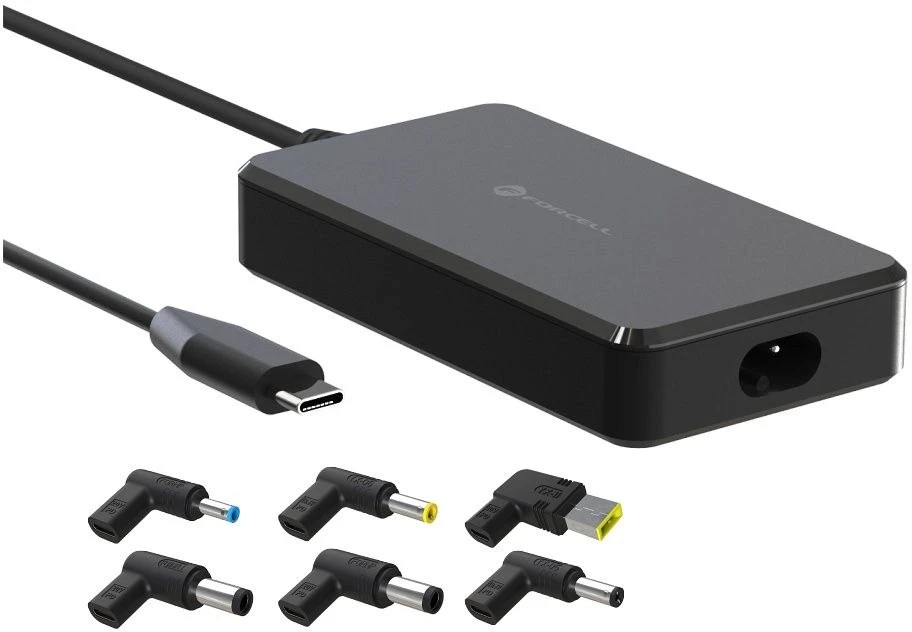 FORCELL F-ENERGY E856 uniwersal laptop charger 65W USB C + 6 adaptors - juodas