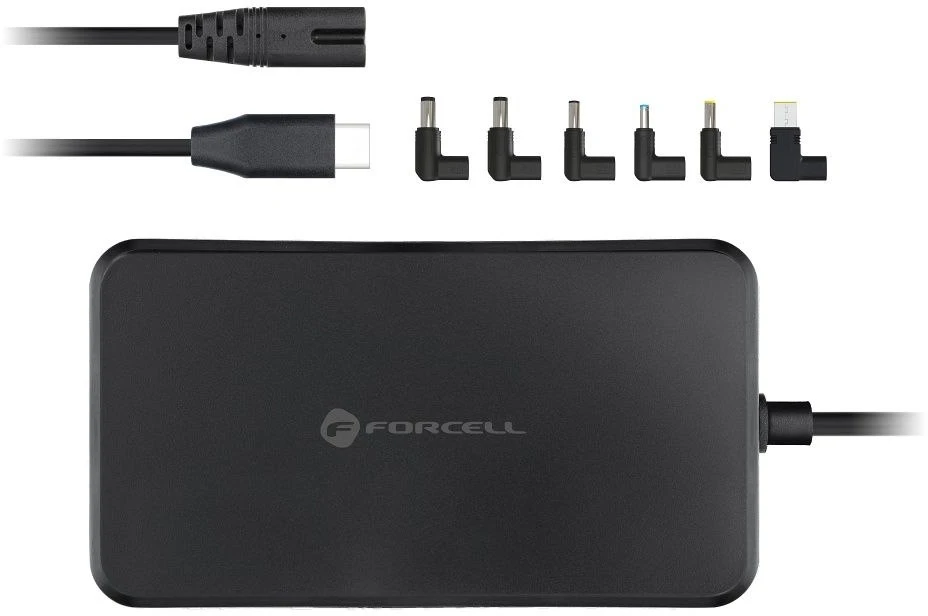 FORCELL F-ENERGY E856 uniwersal laptop charger 65W USB C + 6 adaptors - juodas
