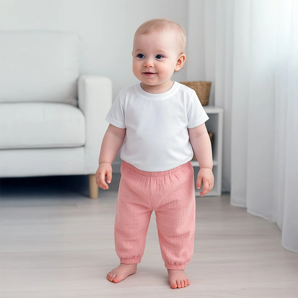 New Baby Kindergarten rožinis kūdikių medvilninių marškinėlių ir muslino kelnių rinkinys