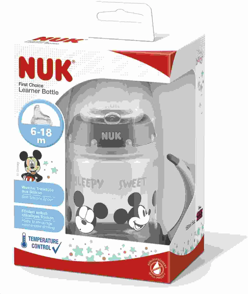 NUK Disney Mickey mokomasis buteliukas su temperatūros kontrole, 150 ml, raudonas