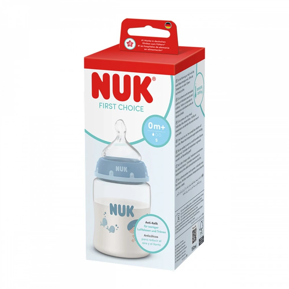 NUK First Choice termometru kontroliuojamas kūdikio buteliukas 150 ml, banginis