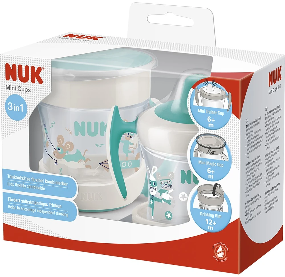 NUK Mini Cups 360° kūdikio puodelis su dangteliu, neutralus
