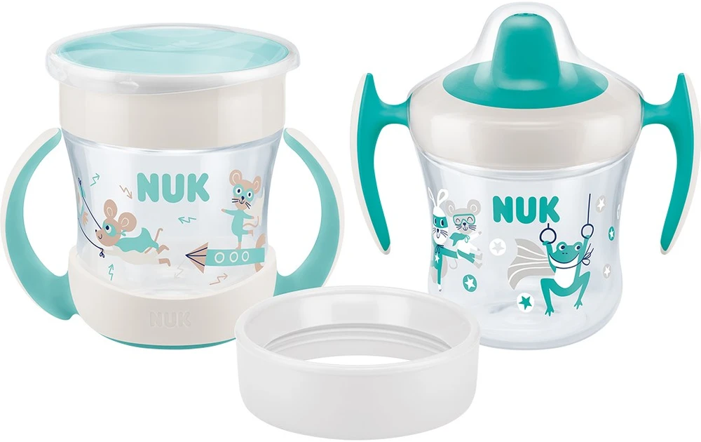NUK Mini Cups 360° kūdikio puodelis su dangteliu, neutralus