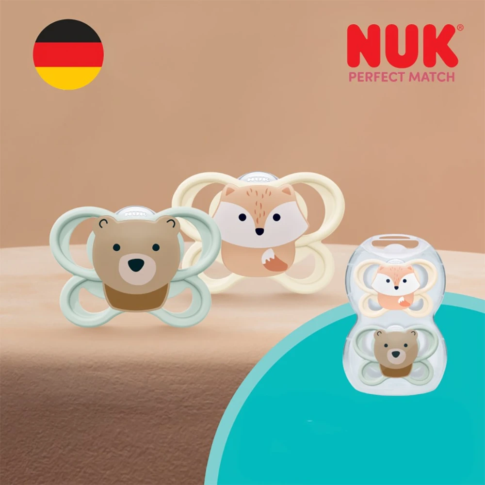 NUK MommyFeel čiulptukas Perfect Match Air FOX/BEAR 0-2 mėn., 2 vnt. dėžutėje