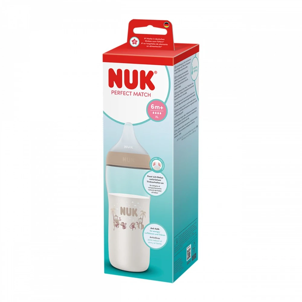 NUK Perfect Match kūdikio buteliukas su temperatūros kontrole XL Monkey 360 ml