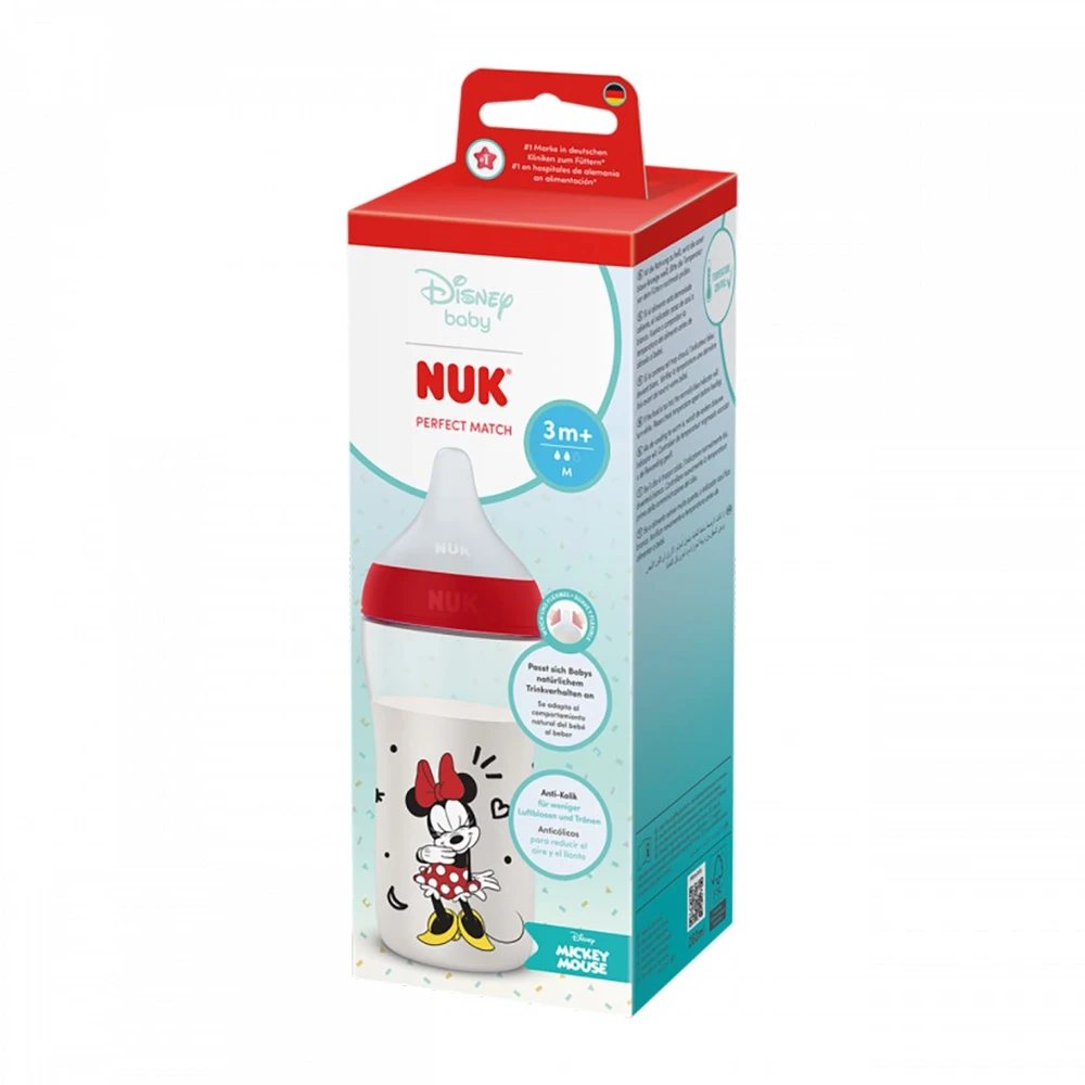 NUK Perfect Match kūdikio buteliukas su temperatūros kontrole Disney Minnie 260 ml raudonas