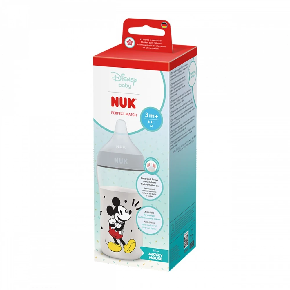 NUK Perfect Match kūdikio buteliukas su temperatūros kontrole Disney Mickey 260 ml pilkos spalvos