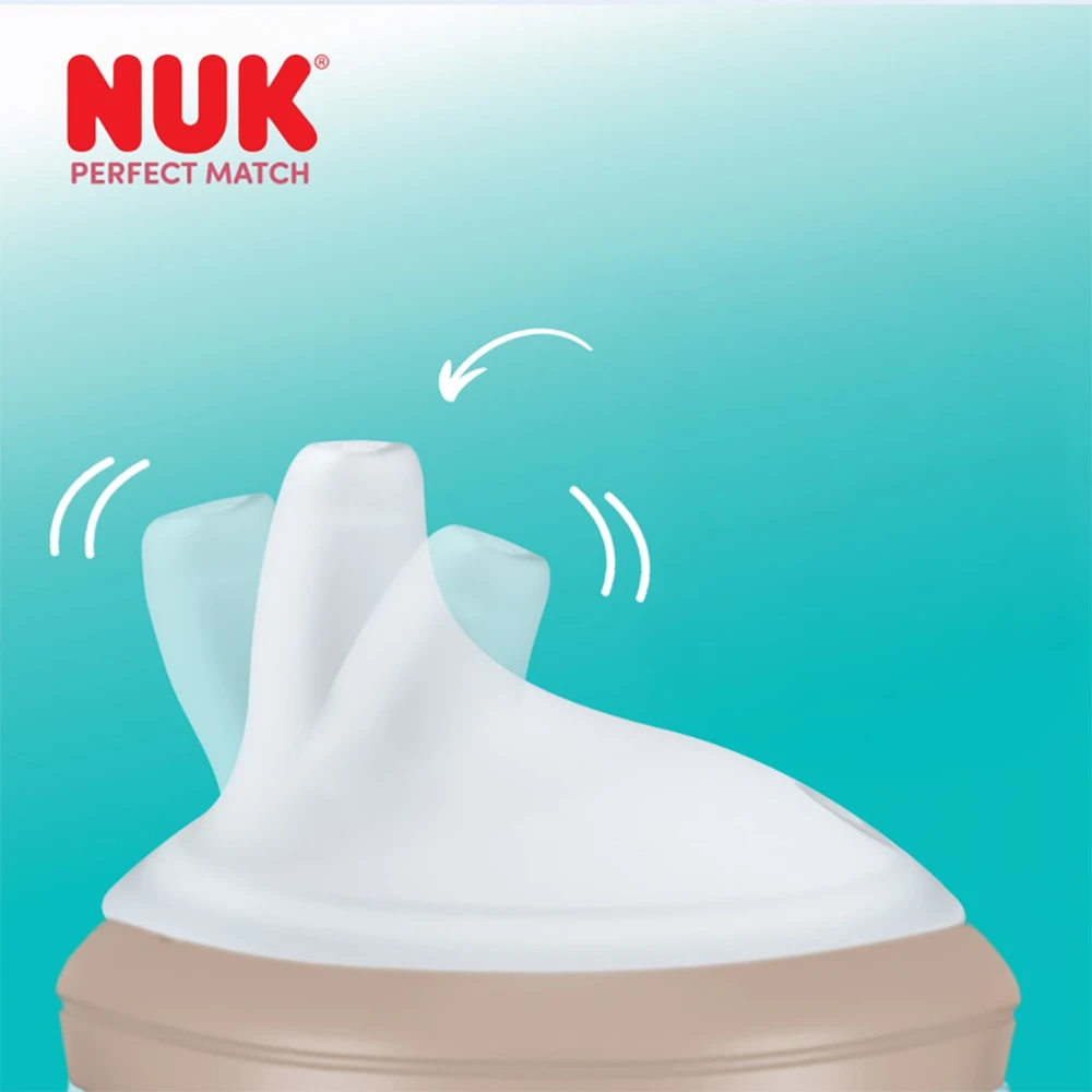 NUK Perfect Match Learner buteliukas 150 ml su silikoniniu snapeliu ir temperatūros kontrolės hipopotamu