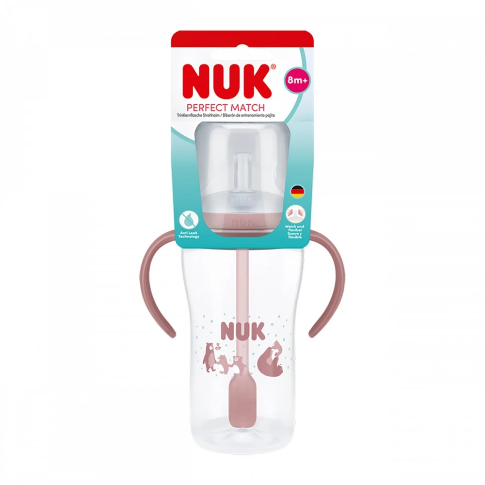 NUK Perfect Match mokomasis kūdikio buteliukas su silikoniniu šiaudeliu BEAR 260 ml