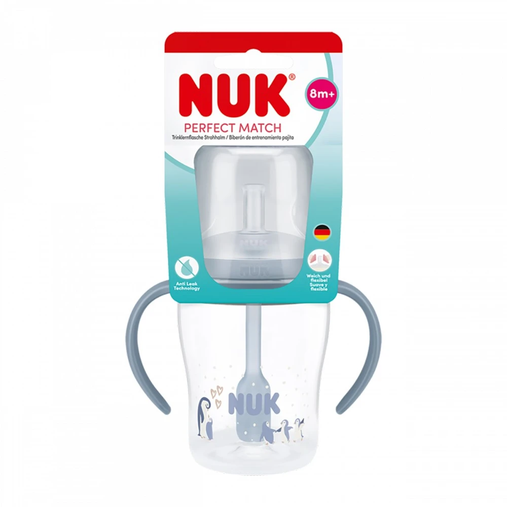 NUK Perfect Match mokomasis kūdikio buteliukas su silikoniniu šiaudeliu PENGUIN 150 ml