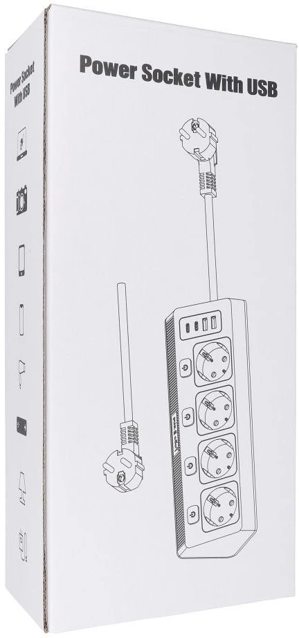 Oem rozeta su 4 lizdais, maks. 3680W, 2xUSB A, 2x type C jungtys su 2m maitinimo laidu E42 balta