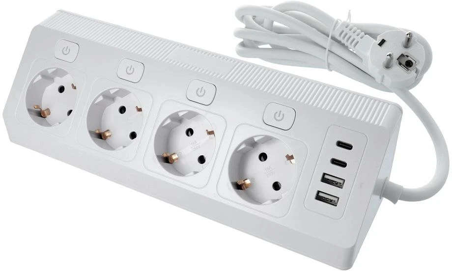 Oem rozeta su 4 lizdais, maks. 3680W, 2xUSB A, 2x type C jungtys su 2m maitinimo laidu E42 balta