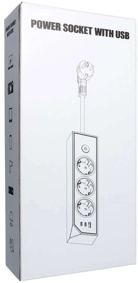 Oem rozetė su 3 lizdais, maks. 3680W, 1xUSB A, 2x type C 25W jungtys su 1,5 m maitinimo laidu E59 balta