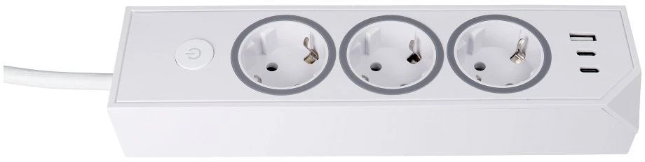 Oem rozetė su 3 lizdais, maks. 3680W, 1xUSB A, 2x type C 25W jungtys su 1,5 m maitinimo laidu E59 balta
