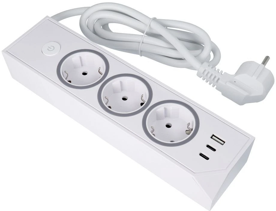 Oem rozetė su 3 lizdais, maks. 3680W, 1xUSB A, 2x type C 25W jungtys su 1,5 m maitinimo laidu E59 balta