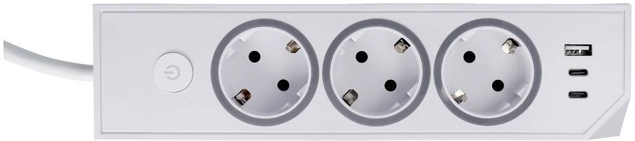 Oem rozetė su 3 lizdais, maks. 3680W, 1xUSB A, 2x type C 25W jungtys su 1,5 m maitinimo laidu E59 balta