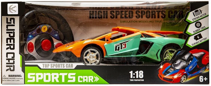 Oranžinės spalvos nuotoliniu būdu valdomas sportinis automobilis su LED žibintais