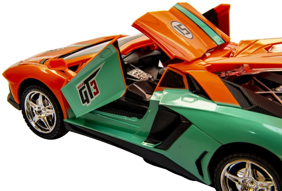 Oranžinės spalvos nuotoliniu būdu valdomas sportinis automobilis su LED žibintais