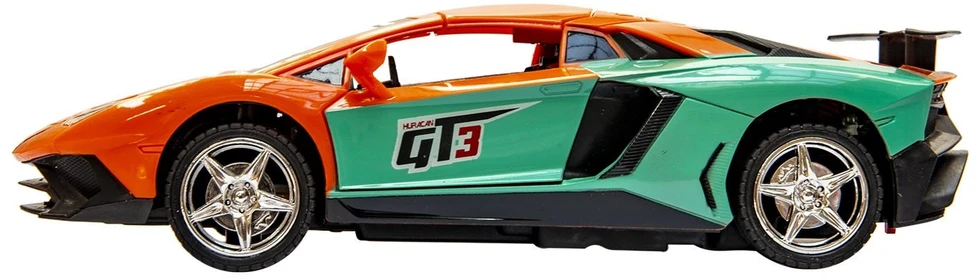 Oranžinės spalvos nuotoliniu būdu valdomas sportinis automobilis su LED žibintais