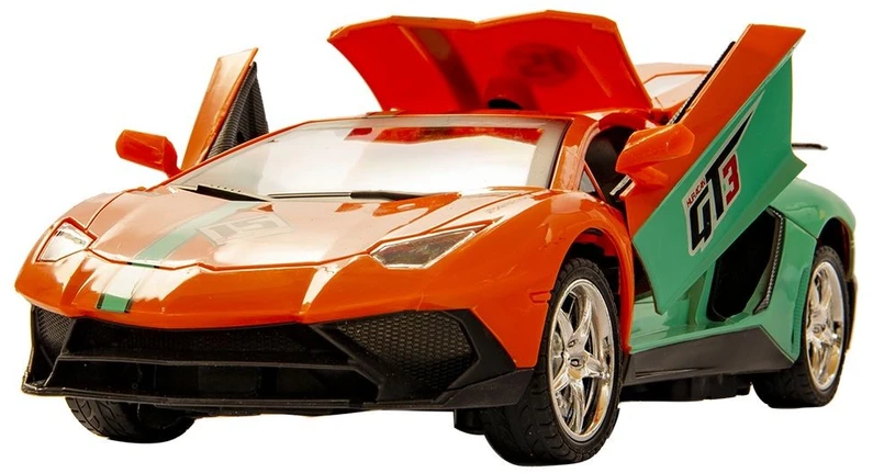 Oranžinės spalvos nuotoliniu būdu valdomas sportinis automobilis su LED žibintais