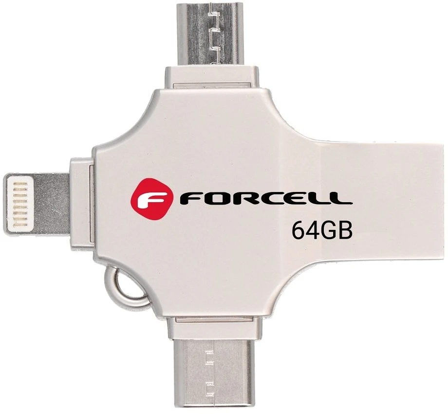 USB atmintinė 64 GB USB 3.2 Gen 1 (USB A / USB C / Lightning / Micro USB) Forcell F-Data Metal Quad sidabrinas