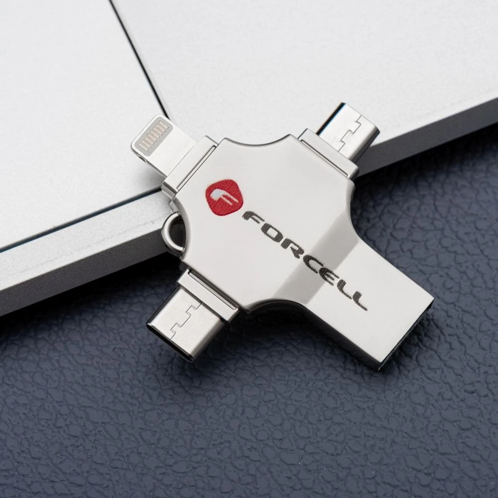 USB atmintinė 64 GB USB 3.2 Gen 1 (USB A / USB C / Lightning / Micro USB) Forcell F-Data Metal Quad sidabrinas