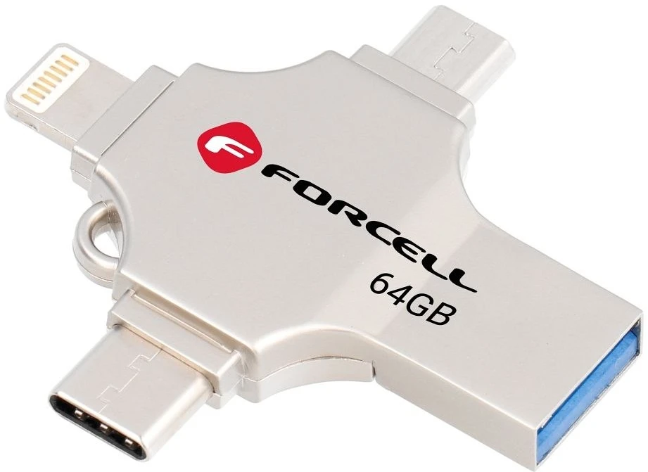 USB atmintinė 64 GB USB 3.2 Gen 1 (USB A / USB C / Lightning / Micro USB) Forcell F-Data Metal Quad sidabrinas