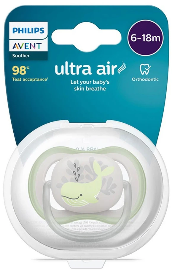 Philips Avent Ultra Air čiulptukas 1 vnt., dydis 6-18 mėn., banginis