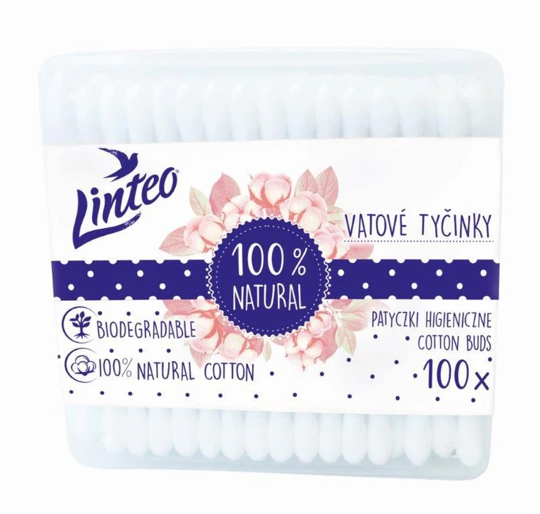 Popieriniai vatos pagaliukai Linteo, 100% natūralūs, 100 vnt. dėžutėje