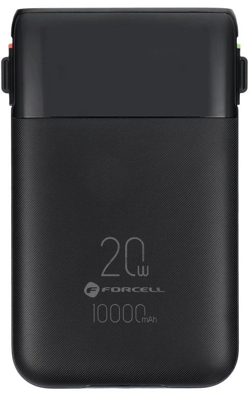 FORCELL F-ENERGY F10K6 daugiafunkcis nešiojamas įkroviklis su įmontuotais C tipo ir „Lightning“ laidais PD QC3.0 3A 22,5W 10000 mAh juodas