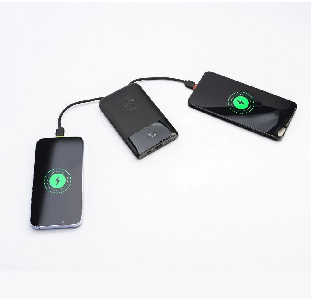 FORCELL F-ENERGY F10K6 daugiafunkcis nešiojamas įkroviklis su įmontuotais C tipo ir „Lightning“ laidais PD QC3.0 3A 22,5W 10000 mAh juodas