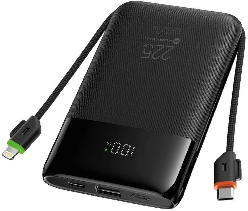 FORCELL F-ENERGY F10K6 daugiafunkcis nešiojamas įkroviklis su įmontuotais C tipo ir „Lightning“ laidais PD QC3.0 3A 22,5W 10000 mAh juodas