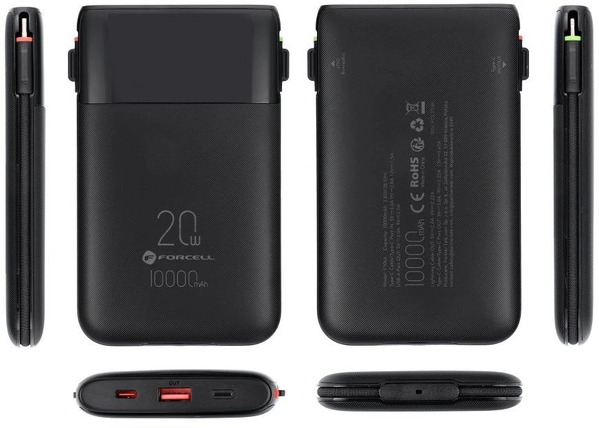 FORCELL F-ENERGY F10K6 daugiafunkcis nešiojamas įkroviklis su įmontuotais C tipo ir „Lightning“ laidais PD QC3.0 3A 22,5W 10000 mAh juodas