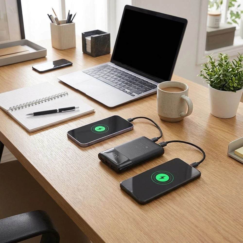 FORCELL F-ENERGY F10K6 daugiafunkcis nešiojamas įkroviklis su įmontuotais C tipo ir „Lightning“ laidais PD QC3.0 3A 22,5W 10000 mAh juodas