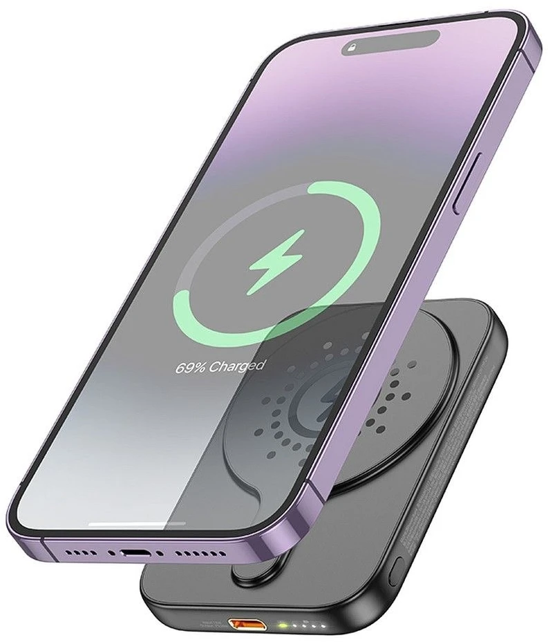 Nešiojamoji baterija, suderinama su „MagSafe Hoco 5000 mAh QC PD 18W J117“, juoda