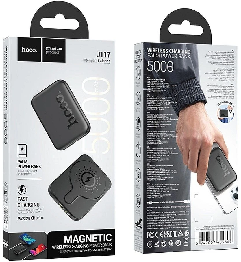 Nešiojamoji baterija, suderinama su „MagSafe Hoco 5000 mAh QC PD 18W J117“, juoda