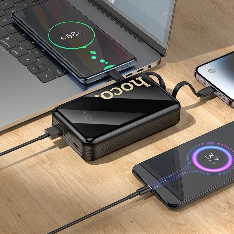 Išorinė baterija Hoco 20000 mAh QC PD 22,5W su integruotais laidais USB C + Lightning Q37A juodas